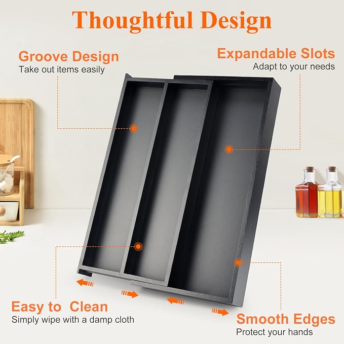 Expandable Black Bamboo Kitchen Utensils Drawer Organizer Silverware Tray | Large Cooking Utensil Tray Drawer Divider Insert Big Spatula Cutlery Holder Knife Spoon Flatware Wood Kitchen Tool Organizer - Image 5