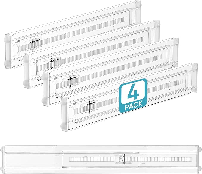 Vtopmart 4 Pack Shallow Drawer Dividers, 2.36" High 12.5"-20.8" Adjustable Expandable Kitchen Drawer Organizer, Clear Plastic Organizer Separators for Flatware, Utensil, Cutlery, Underwear, Clothes | Expandable Kitchen Drawer Organizer, Clear Plastic O... by Vtopmart