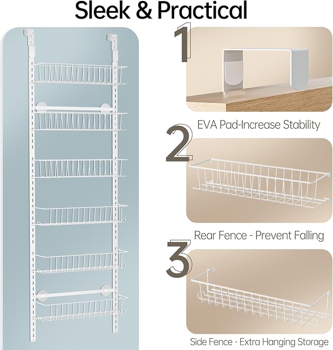 Delamu Adjustable Cabinet Door Organizer, 6-Tier Hanging Spice Rack Organizer, Metal Over the Door Pantry Organizer, Pantry Organizers and Storage Shelves for Kitchen Bathroom Laundry Room, White M - Image 8