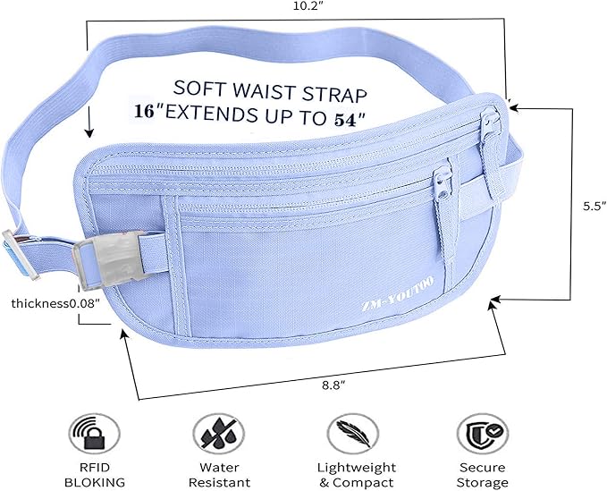 Money Belt for Travel - Hidden Travel Pouch Protect Your Credit and Money With RFID Blocking Passport Holder Waist Wallet (Azure) - Image 3