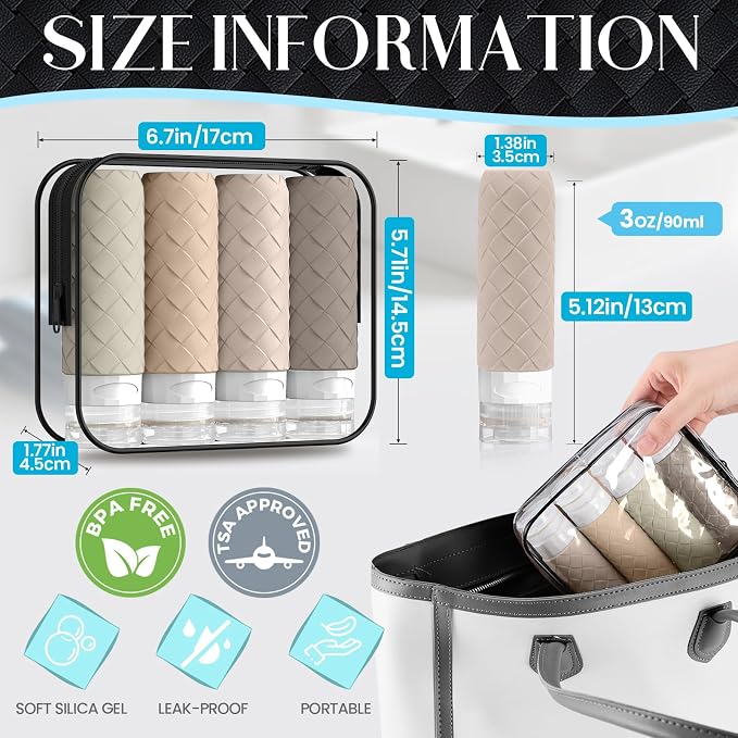 Silevoler Travel Bottles for Toiletries, TSA-Approved Travel Size Container | Woven Pattern BPA Free Silicone Leak Proof Refillable Liqus Shampoo And Conditioner Essentials Toiletry Bottles(Cream) - Image 3