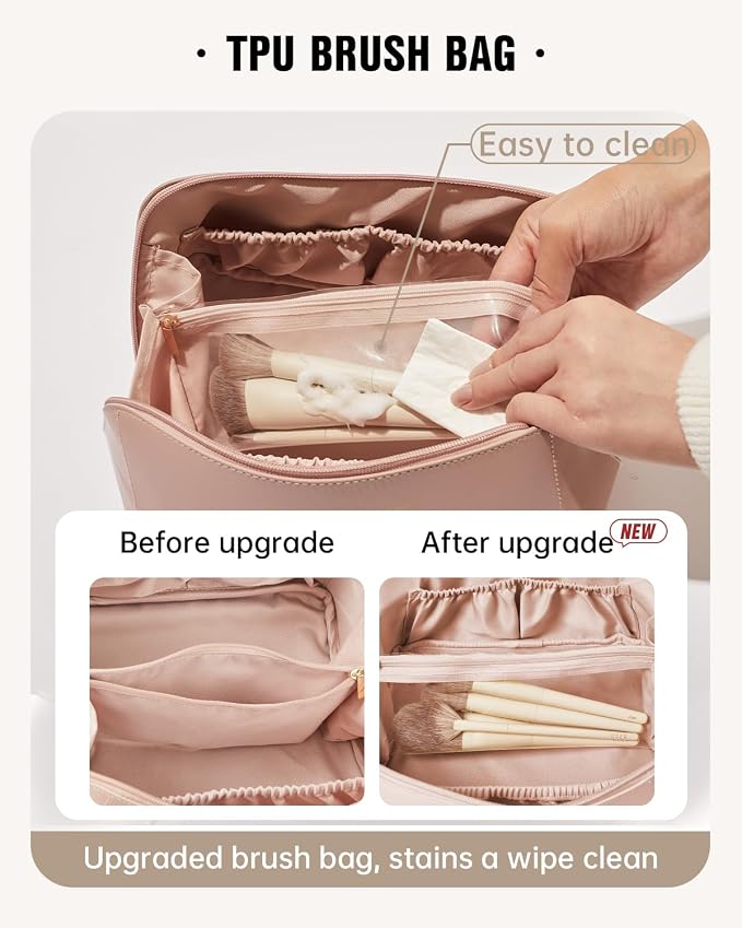 EACHY Travel Makeup Bag for Women, PU Leather Cosmetic Bag, Pink, Medium | Water-resistant PU leather exterior with flat-open access, clear TPU brush compartment and organized storage for cosmetics - Image 3