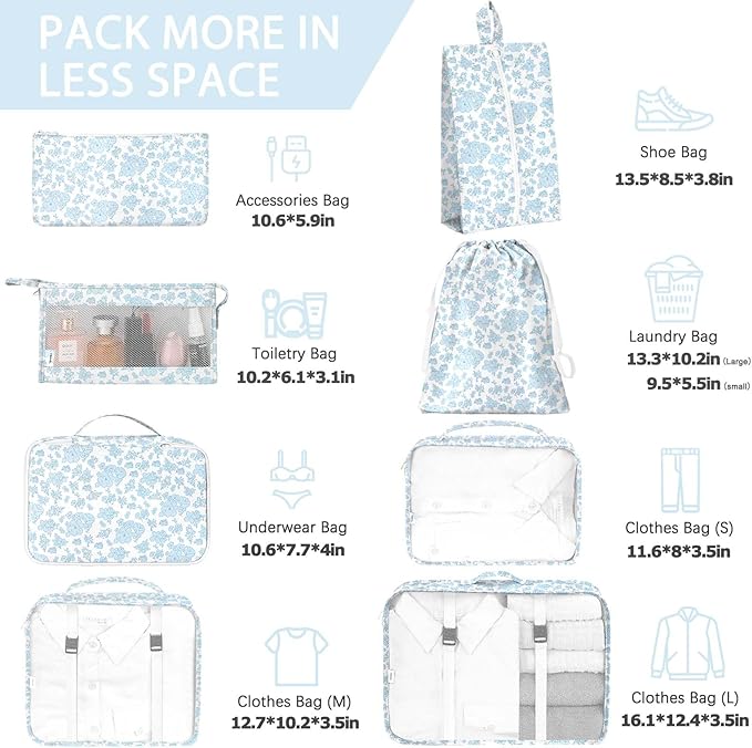 8 Set Packing Cubes for Travel, Luggage Packing Organizers Accessories Large Toiletries Bag for Clothes Shoes Cosmetics (Blue Flower) - Image 2