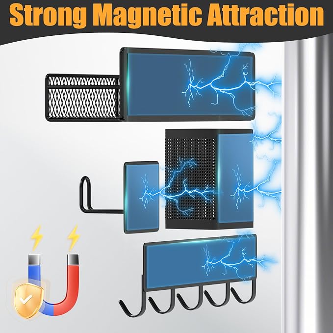 Magnetic Spice Rack for Refrigerator, 10 Pack 100% Metal Strong Magnet Shelf, Moveable Spice Organizer W/ Adjustable Paper Towel Holder, Hook Rack & Utensil Caddy, Home Kitchen Laundry Storage, Black - Image 3