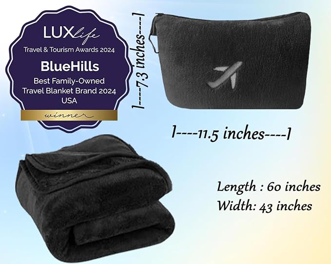 BlueHills 2-Pack Mini Premium Soft Plush Travel Blanket Pillows Combo Black | Airplane Essentials, Bag with Hand Luggage Strap, Backpack Clip Accessories, Compact Portable Pouch, Long Flight Blankets - Image 5