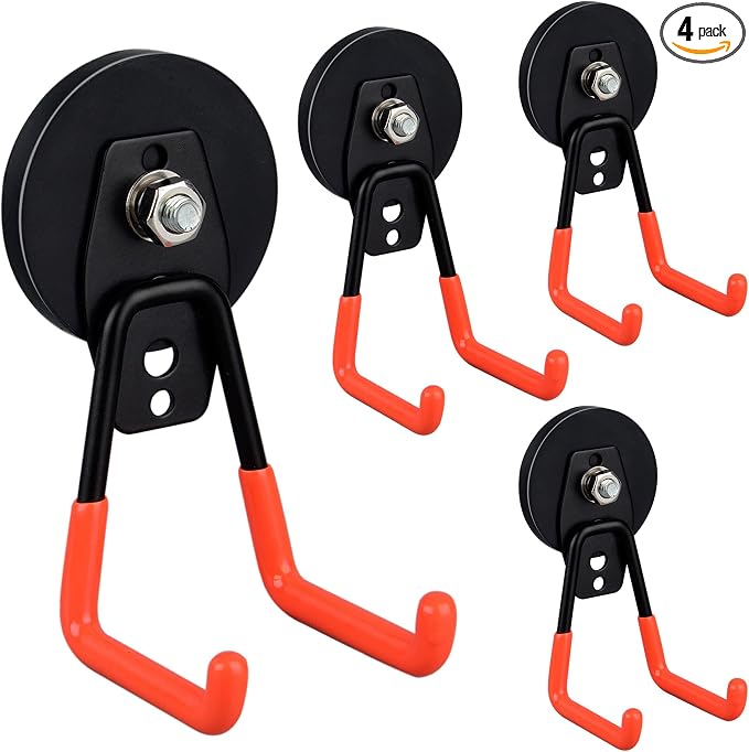 ULIBERMAGNET Heavy Duty Magnetic Garage Hooks,4 Pack Strong Large Magnet Hooks for Power Drill,Garden Tools,Hose,Pegboard,Garage, Workshop,Magnetic Storage Hooks for Indoor Outdoor Hanging(Orange) by ULIBERMAGNET