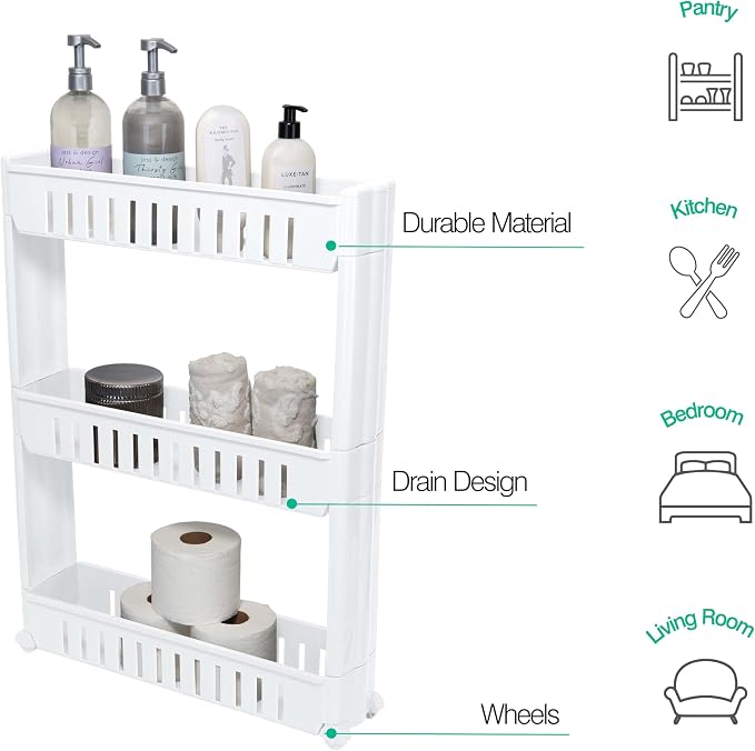 Simplify 3 Tier Slim Slide Out Storage Cart | Multi-Purpose Organization | Rolling | Wheels | Small Space | Laundry Room | Kitchen | Bathroom | Office | White - Image 2