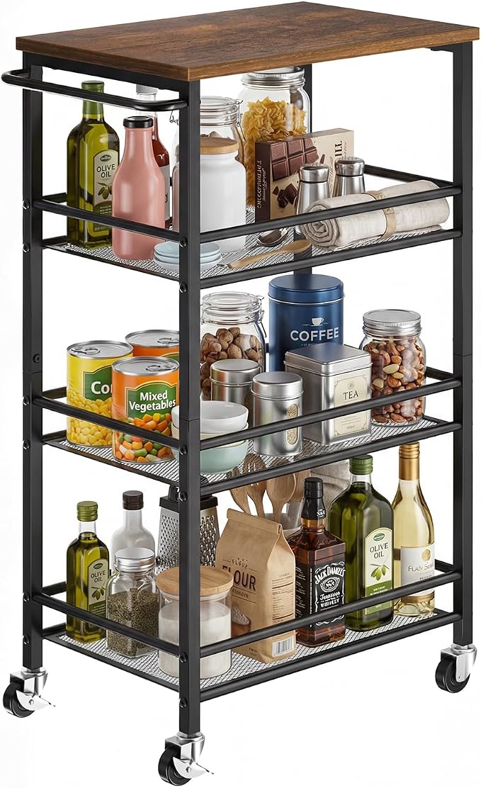 Pipishell Metal 4 Tier Laundry Storage Cart with Wheels, Handle & Wood Top | 10.83" Wide, Larger Storage Spaces, Rust-Resistant Steel, Ventilated Mesh, Anti-Fall Crossbars, 44 lbs Weight Capacity by Pipishell