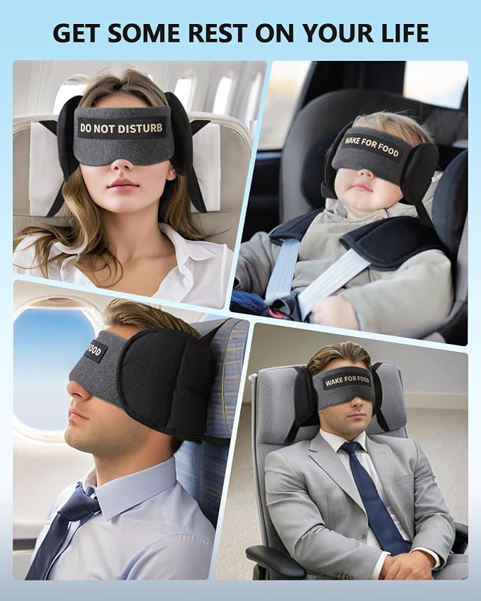 Travel Pillows for Airplanes, Plane Pillow with Eye Mask for Long Flights Sleeping, 360° Support Airplane Head Strap Compact Flight Essentials for Travel Sleep Neck Upright, Stop Head Bobbing (Grey) - Image 6
