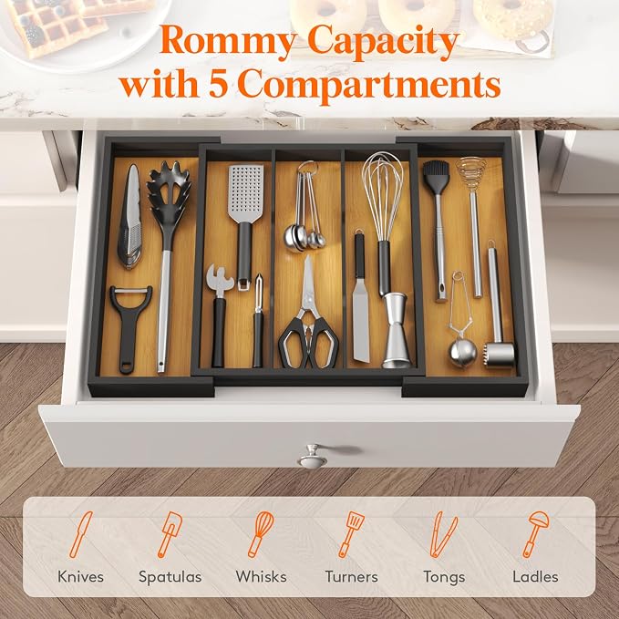 Lifewit Bamboo Utensil Organizer for Kitchen Drawer, Cooking Utensil Tray | Expandable Cutlery Silverware Flatware Holder, Wood Adjustable Spatula Tools Storage Divider, 12.6-22.4x 15", Natural Black - Image 3