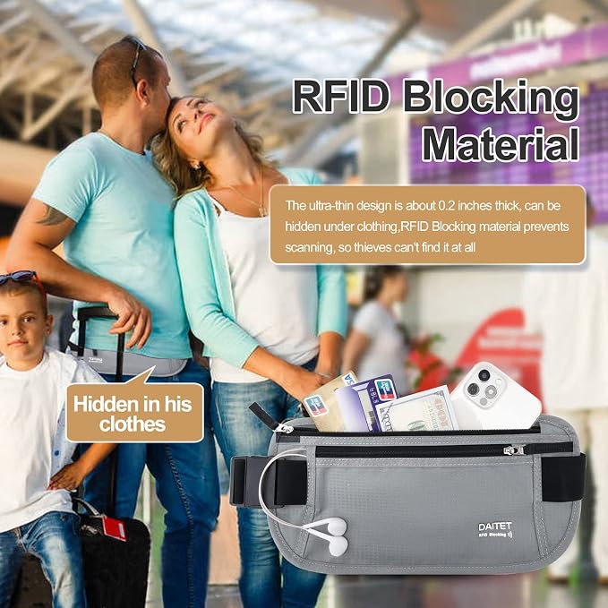RFID Blocking Money Belt for Men Women, Slim Fanny Pack For Travel，Running,Conceal Waist Wallet For Passport Holder,Phone,Cash(Black Light Grey) - Image 7