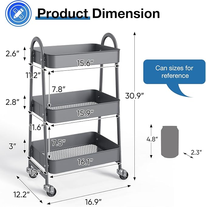 OLIXIS Metal Rolling Storage Utility Cart with Lockable Wheels 3 Tiers | Mobile Organizer Shelf, Space-Saving, Freestanding, Bathroom, Living Room, Slim, Narrow Corner Spaces, Gray - Image 4