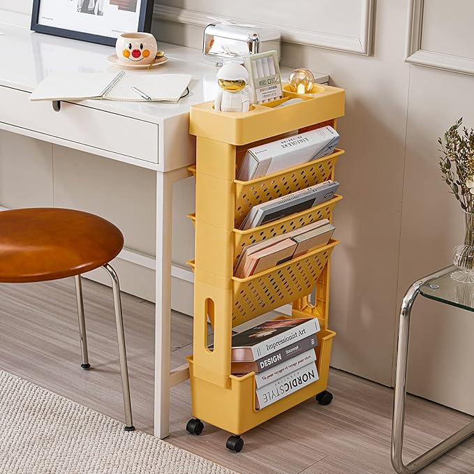 Rolling Office Paper Organizer, Mobile Book Cart Document Folder File Storage with Pen Holder, Slim Rolling Storage Cart Movable Bookshelf for Office, Dorm, Classroom, Nursery, Green - Image 2