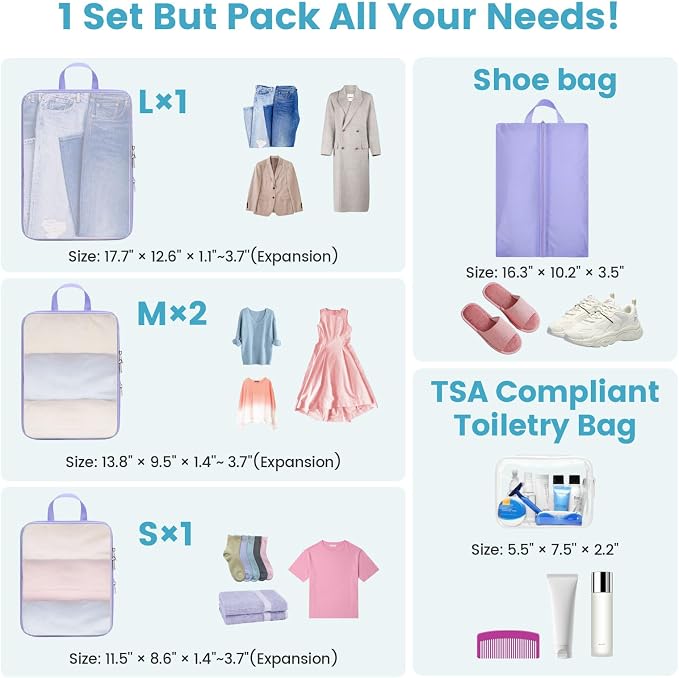 Cambond Mesh Compression Packing Cubes for Travel - 6 Set Organizer, Purple | with Shoe and Underwear Bag, Keep Clothes Sorted, See Through Mesh Helps Quickly Find What You Need, Compression Zip Design - Image 5