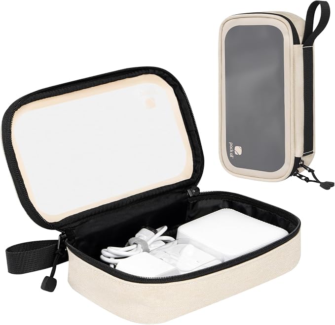 pack all Clear Electronic Organizer, Compact TPU Cable Organizer Bag | Portable & Lightweight, Water-resistant, Smooth Zipper, Travel Tech Pouch for Chargers, Phones, USB Cords, Beige by packall