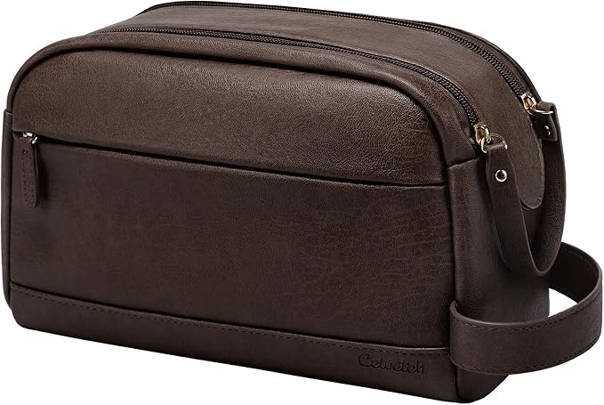 PU Leather Toiletry Bag for Men - Water Resistant Travel Bag for Toiletries, Bathroom Essentials, Accessories - Dark Brown by Celvetch