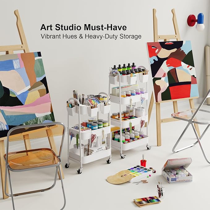 White 4 Tier Rolling Cart Metal with Wheels,Heavy Duty Utility Storage Cart | Four Tiered Roller Shelf Carts Organizer on Wheels for Kitchen, Book, Snack, Craft, Art, Dorm,Large Capacity Basket,38in Tall - Image 2