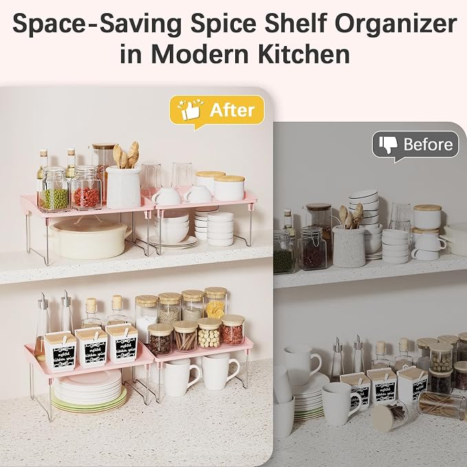 STARLATTA 2 Pcs Cabinet Organizer Shelf，Stackable Kitchen Counter Shelves, Spice Rack,Countertop Organizers，Pink Plastic Storage Shelves Rack for Makeup，Bathroom, Cupboard，Desk，Pantry Organization - Image 4