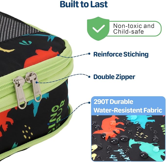 Kids Compression Packing Cubes - 4 PCS Sets, Black Dinasour | Water Resistant 4 Piece Set with Shoe Bag, Toddler Suitcase Organizer Set, Expandable Storage for Luggage - Image 7