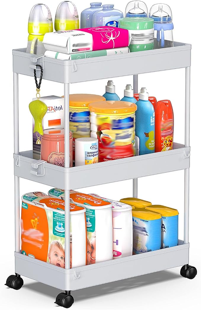 SPACEKEEPER 3 Tier Rolling Cart, Bathroom Cart Organizer with Wheels, Gray | Mobile Storage Cart for Laundry Room Organization,Kitchen,Office,Bathroom, Utility Cart for Snack,Craft,Art,Makeup,Nail,Toys by SPACEKEEPER