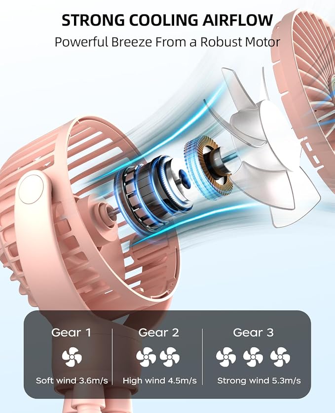 Portable Stroller Mini Fan, Small Rechargeable Personal Fan, Travel Essentials for Baby, Wagon, Car Seat, Treadmill, Battery Powered Biking Gear Accessories, 360° Rotation, 3-Speed, Display, Pink - Image 3