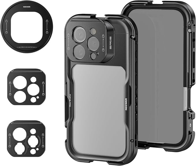NEEWER 16 Pro Cage, Quick Release Video Rig Phone Stabilizer Compatible with iPhone 16 Pro with 67mm Filter Adapter, 17mm Lens Backplate, T Mount Lens Adapter Compatible with Moment, PA073 by Neewer
