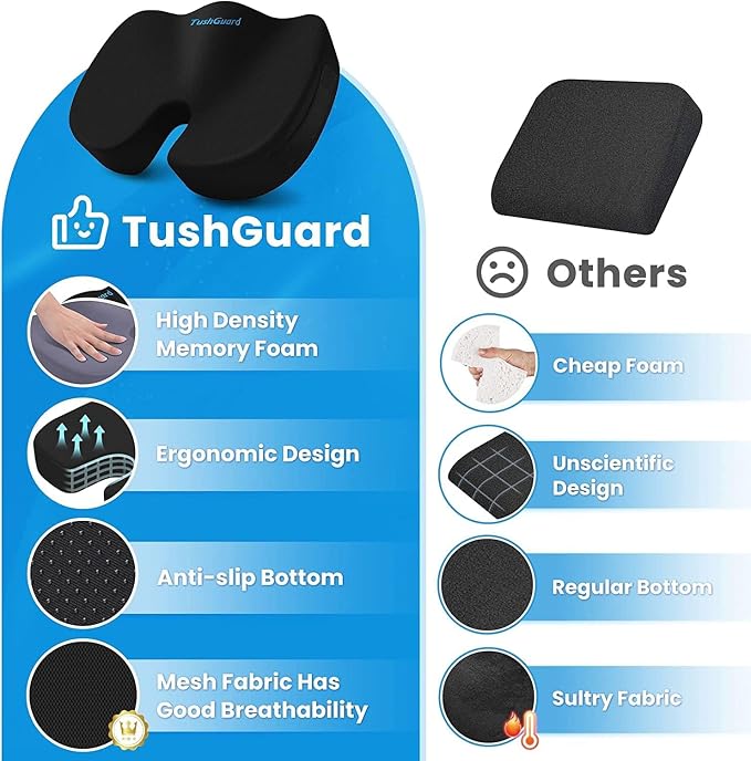 Memory Foam Seat Cushion for Office Chair, Car Seat, Black, XL | Office Chair Cushion for Car, Airplane - Chair Pad for Long Sitting Sciatica, Hip, Coccyx,Tailbone Pain Relief, Butt Pillow - Image 4