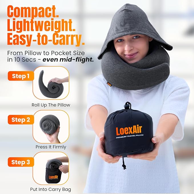 LOEXAIR™ Hooded Pro Travel Pillow - Memory Foam Neck Support Pillow for Airplane, Flight - Super-Soft Pure Cotton Fabric, Maximum Privacy & Light-Block Design, Lightweight Full Travel Kit - Dark Grey - Image 3
