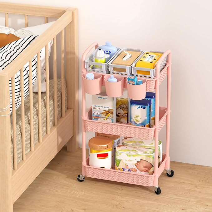 MOYIPIN 3-Tier Plastic Rolling Utility Cart with Handle,Pink | Utility Storage Cart for Office, Living Room, Kitchen,Movable Storage Organizer，Easy installation，Rattan-like art design - Image 5