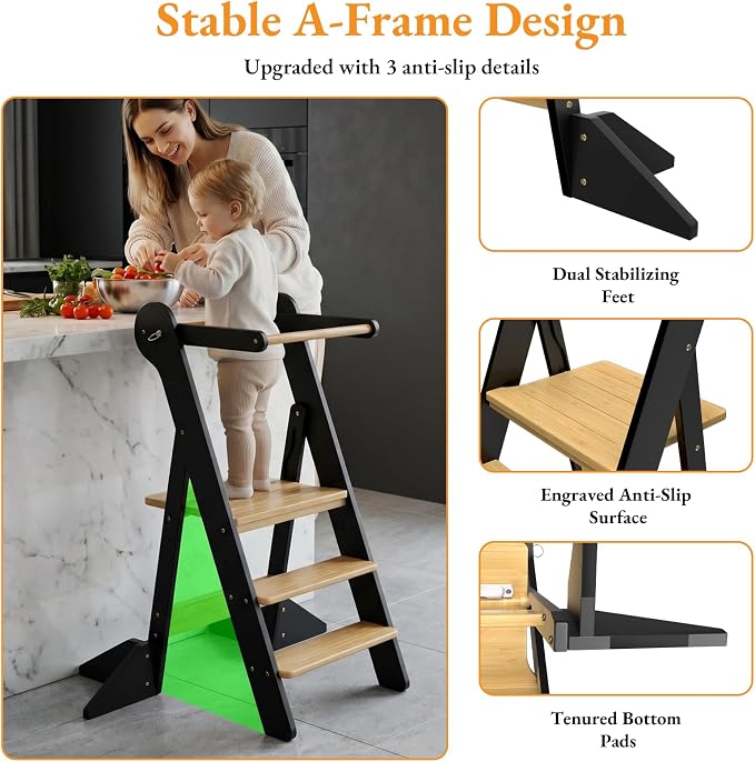 COSYLAND Toddler Standing Tower Foldable Toddler Kitchen Step Stool | Adjustable Height Folding Step Stool for Kids Learning, Cooking - Ages 18 Months-6 Years with Safety Net Natural & Charcoal - Image 5