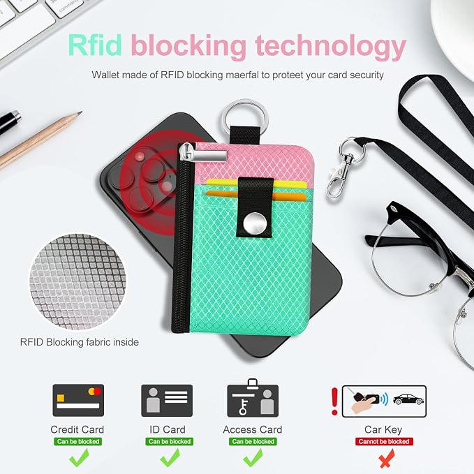 Minimalist RFID Blocking Small Wallet with ID Window,WaterResistant Zip Id Case Wallet with Lanyard Keychain for Cards,Cash,Travel,Women,Men (Mint Green/Pink) - Image 4