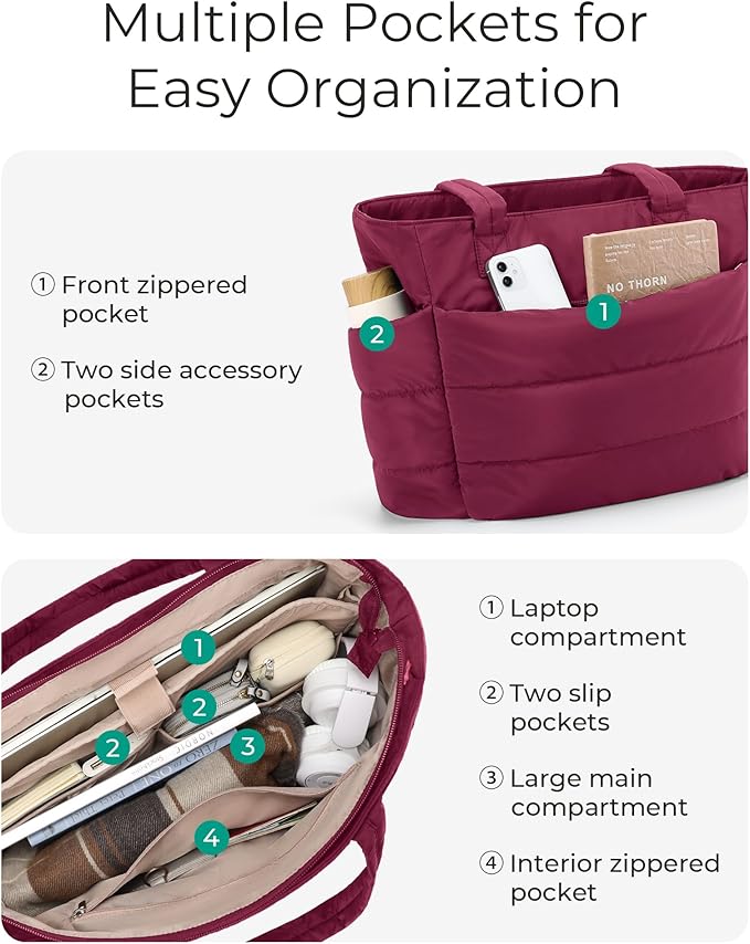 BAGSMART Tote Bag for Women, Lightweight Puffy Tote Bag with Compartments Shoulder Bag Handbag for Travel, Work, Gym | Lightweight - Image 5