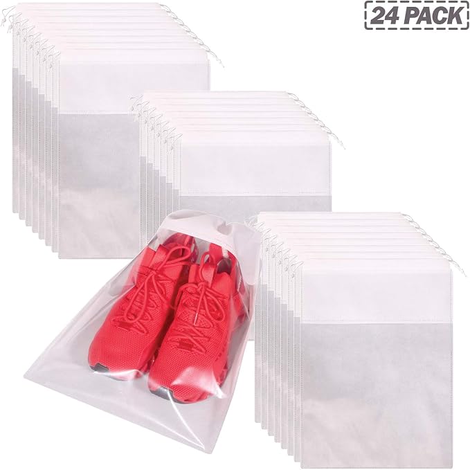 24 Pack Portable Shoe Bags for Travel Large Shoes Pouch Storage Organizer Clear Window with Drawstring for Men and Women White - Image 7