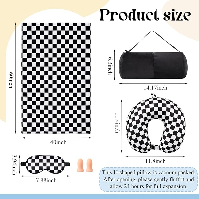 HunnmingRe 5 Pcs Travel Pillow and Blanket Set, 5 in 1 Travel Airplane Compact Includes 40 x 60 Inch Throw Blanket Eye Mask Neck Pillow Earplug and Bag Gifts for Travelers Women(Checkered,Black) - Image 2