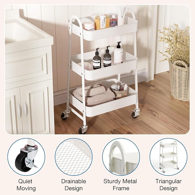 OLIXIS Metal Rolling Storage Utility Cart with Lockable Wheels 3 Tiers | Mobile Organizer Shelf, Space-Saving, Freestanding, Bathroom, Living Room, Slim, Narrow Corner Spaces, White - Image 2