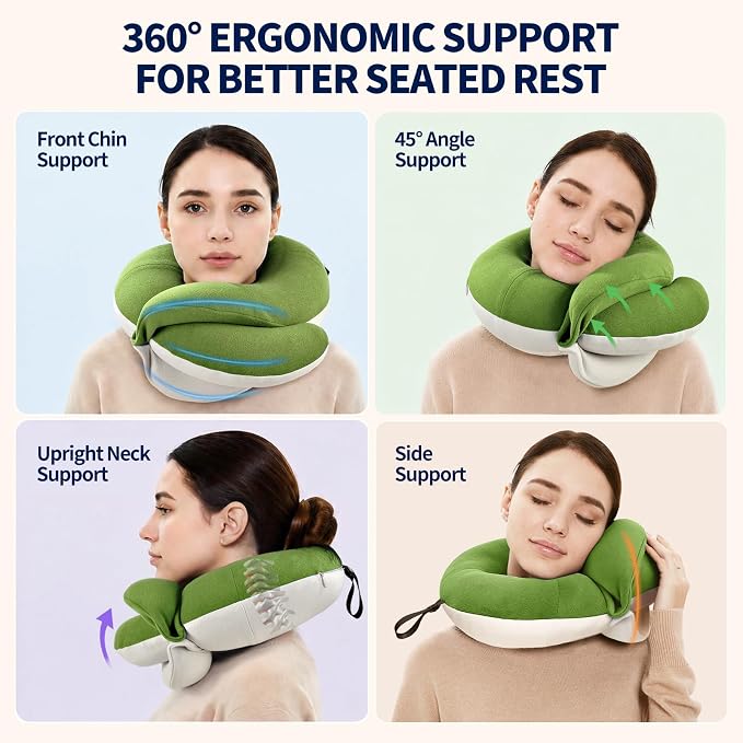 Travel Neck Pillows for Airplanes, Memory Foam 360° Head Support Sleep for Long Flight, Skin-Friendly & Breathable, Kit with Eye Mask, Earplugs and Storage Bag (Adult, Green, 90+ lbs) - Image 2