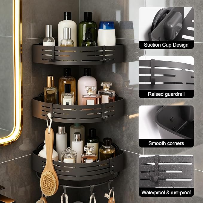 3-Tier No-Drill Storage Caddy with Hooks&Towel Bar,Organizing Solution for Bathroom,Shower&Kitchen,Holds Shampoos,Soaps,Sponges&Cleaners,Triangle - Image 3