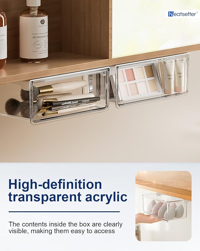 Hanging Cabinet Organizer – 33° Tilted Under Desk Drawer & Bathroom Storage – Self-Adhesive Clear Pull-Out Bins for Kitchen, Office & Vanity (Large) - Image 3
