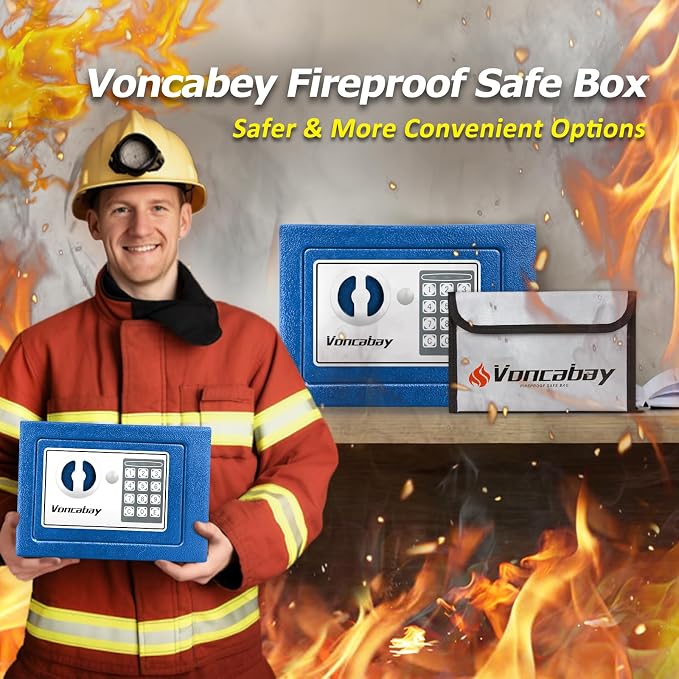 Voncabay Money Safe Box for Home with Digital Keypad, 0.23 Cu. Ft., Blue | Alloy Steel, Sensor Light, Fireproof Bag Included, 2 Override Keys, 4 Mounting Screws, Carpeted Mat, 9 x 6.6 x 6.5 In. - Image 3