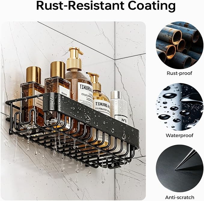 KINGRACK Shower Caddy Adhesive 4-Piece Rust-Resistant Shower Shelves, No-Drill Bathroom Shower Organizer with Large Capacity for Bathroom, Kitchen, and Laundry,Black - Image 3