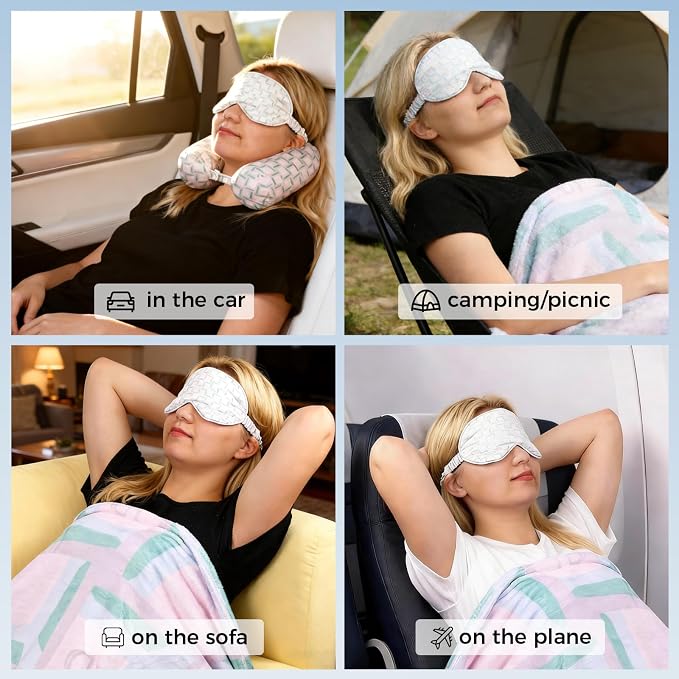 Travel Pillow with Detachable Flannel Blanket & Eye Mask – Plush Velvet Neck Support Pillow for Airplane,Car,Office Rest,Coordinated Digital Print Set (Green Pink Geometry, 60in * 79in) - Image 4