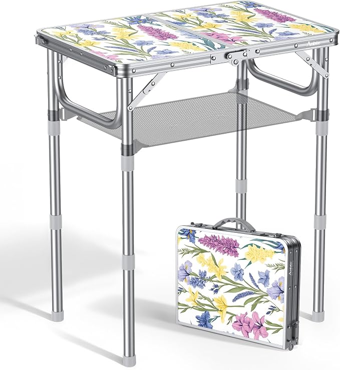 Anbte 2ft Small Folding Table, 3 Adjustable Height for Camping, 24" x 16" | Folding Camping Table with Storage Net, Lightweight & Portable with Carry Handle, for Outdoor Indoor Camping Beach RV, Floral by Anbte