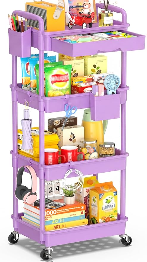 SUNALLY 4 Tier Rolling Cart with Drawer,Craft Storage Cart Organizer,Purple | Bathroom Storage Organizer with 2 Lockable Wheels, Rolling Utility Cart for Kitchen, Office, Baby, Makeup, Nail,Snack,Laundry by SUNALLY