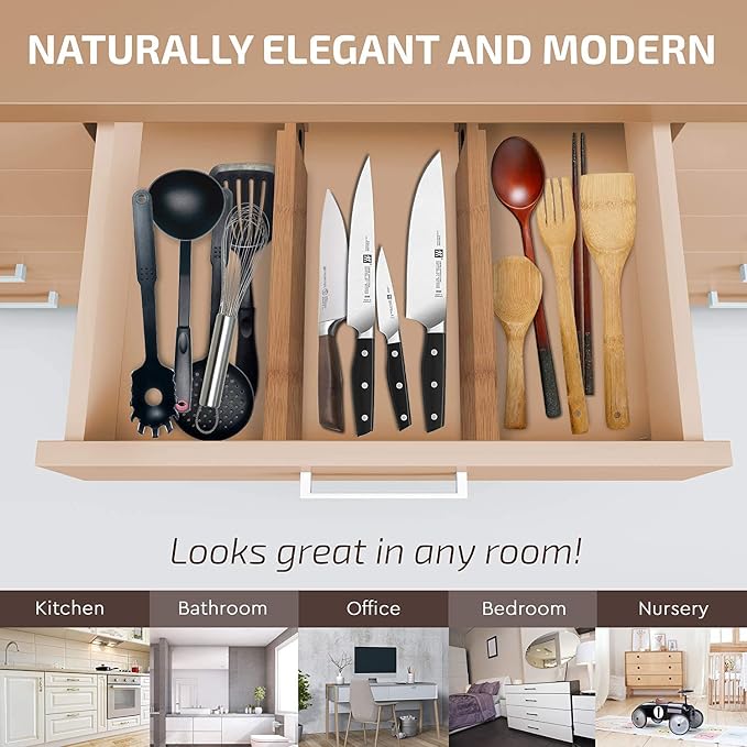 6-Pack Drawer Dividers 2.6-Inch High Dresser Drawer Organizer 16 to 22 Inch | Bamboo, Spring Loaded, No Tools Needed, Fits Wide Drawers for Socks, Clothes, Utensils, Bedroom, Bathroom, Kitchen, Office - Image 2