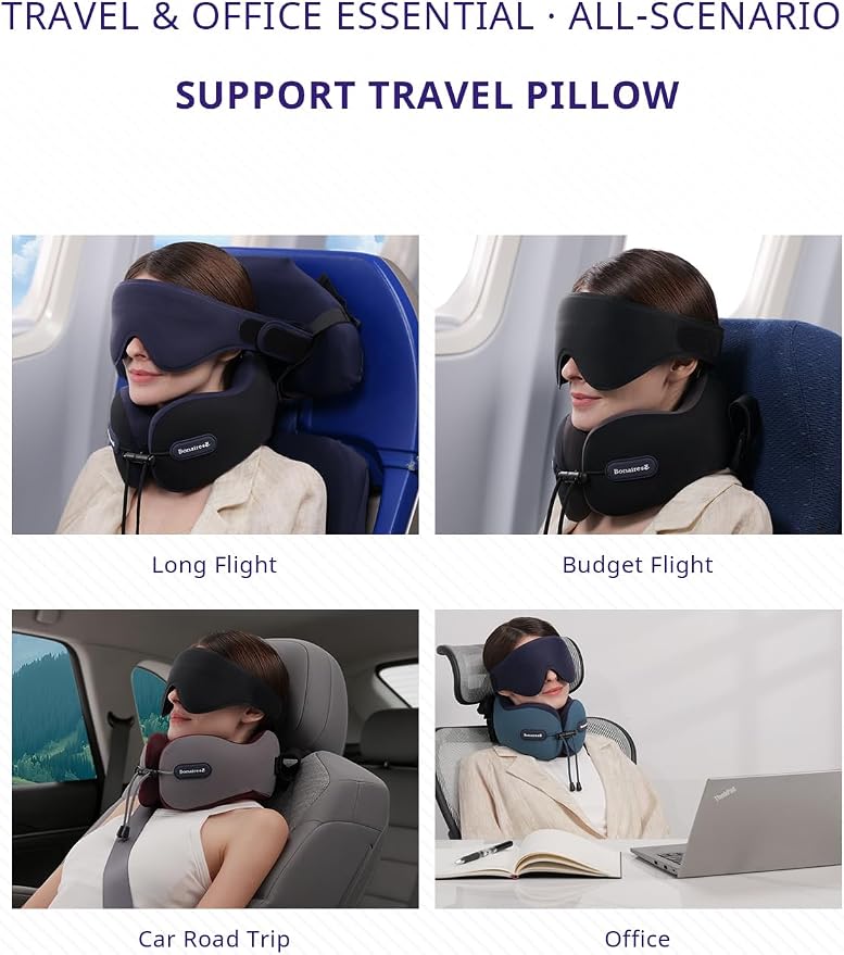 Travel Pillow, Neck Pillow Airplane for Long Flight Sleeping | Soft Supportive Foam, Head Pillow 3D Eye Mask & Seat Strap for 360°Support Head, Neck & Chin Travel Essentials Grey & Red - Image 6