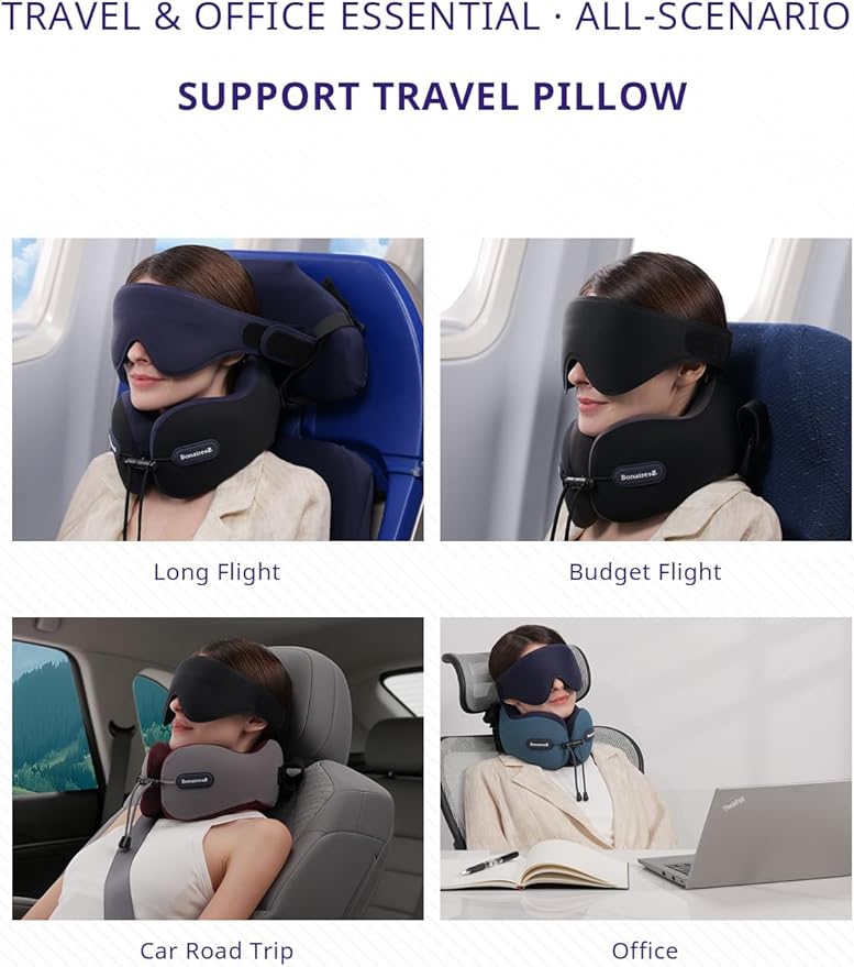Travel Pillow, Neck Pillow Airplane for Long Flight Sleeping | Soft Supportive Foam, Head Pillow 3D Eye Mask & Seat Strap for 360°Support Head, Neck & Chin Travel Essentials Aqua & Purple - Image 6
