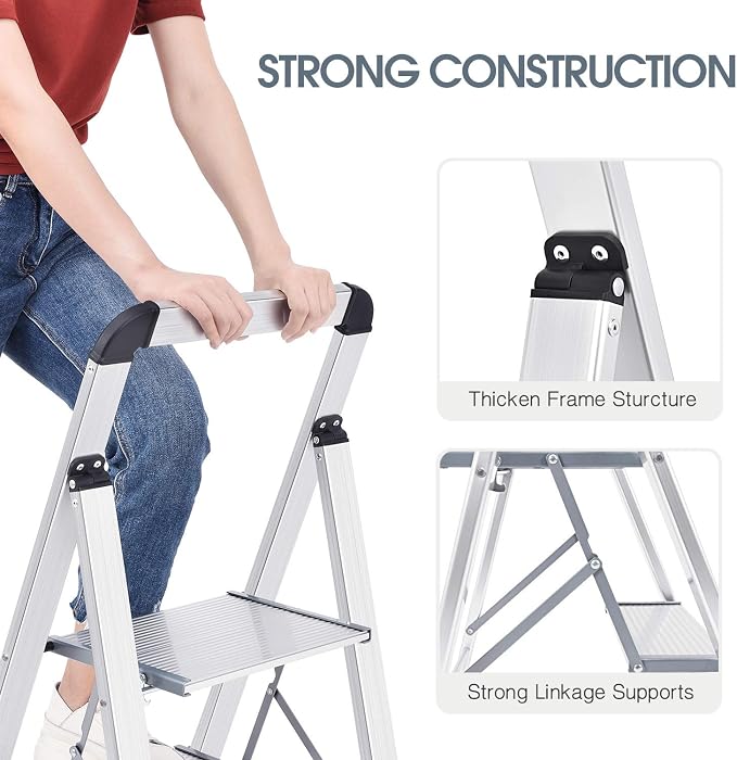 KINGRACK Aluminium 2 Step Ladder, Lightweight Step Stool with Non-Slip Pedals, Handrail, 330LBS Foldable Step Ladder for Kitchen, Garage, Home, Space Saving, Sturdy and Portable, Silver - Image 3