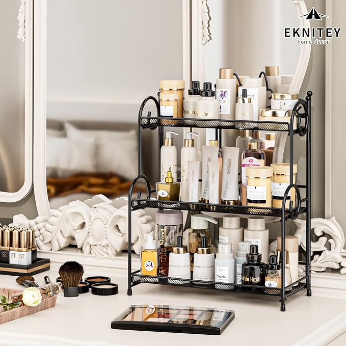 EKNITEY Bathroom Counter Organizer - 3 Tier Spice Rack(No Assembly) | Skincare Countertop Organizers, for Bathroom Kitchen Bedroom, Sturdy Metal Frame, Easy to Clean, Foldable, Black - Image 2