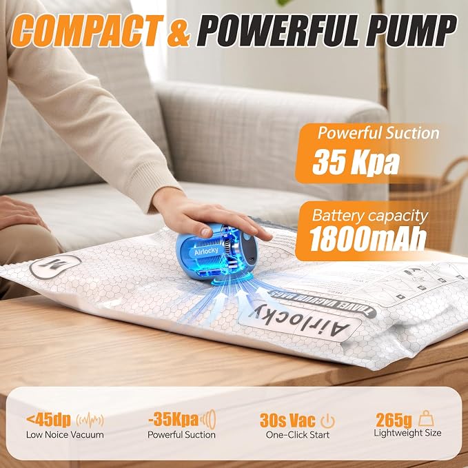 Travel Vacuum Bags with Rechargeable Pump, 12 Pack Compression Packing Bags with 35KPA Electric Pump, 90% Space Saver for Clothes, Vacuum Seal Bags fo Carry-on Luggage Suitcase - Image 4