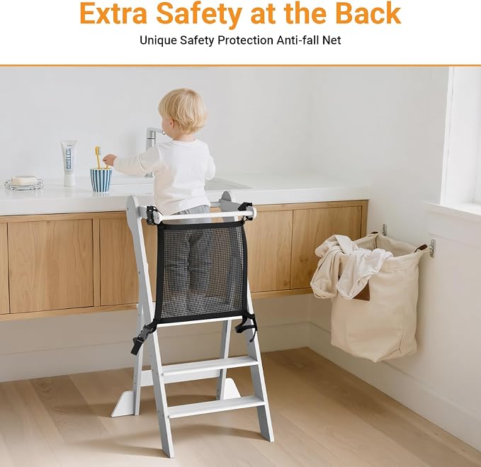 COSYLAND Foldable Toddler Kitchen Stool Helper - Height Adjustable Kitchen Standing Tower for Bathroom Sink or Counter - Step Stool for Toddlers Ages 18 Months to 6 Years White - Image 7